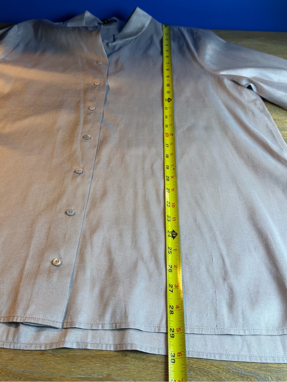 Eileen Fisher Silk Georgette Crepe Mandarin Collar Long Shirt- Light Gray - Picture 12 of 14